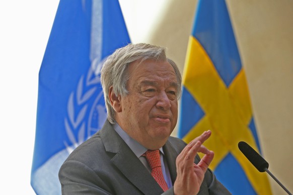 STOCKHOLM 20220601 FN:s generalsekreterare Ant?nio Guterres under en gemensam presstr?ff med Statsminister Magdalena Andersson (S) i Stockholm p? onsdagen. P? dagordningen f?r det bilaterala m?tet st? ...