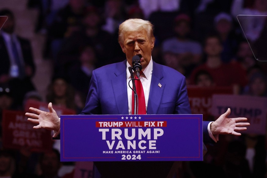 Republican Nominee and former President of the United States Donald J. Trump speaks at a rally at Madison Square Garden in New York City on Sunday, October 27, 2024. PUBLICATIONxINxGERxSUIxAUTxHUNxONL ...