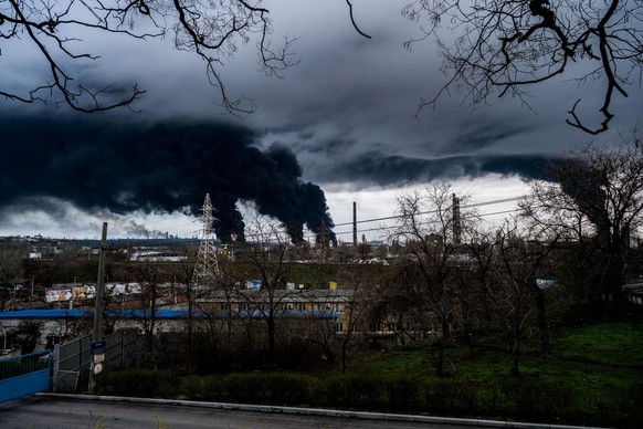 April 3, 2022, Odessa, Odessa Oblast, Ukraine: Pillars of smoke in the sky after a missile attack in Odessa, Ukraine on April 3, 2022..Fuel depots in the industrial area not far from the port were hit ...