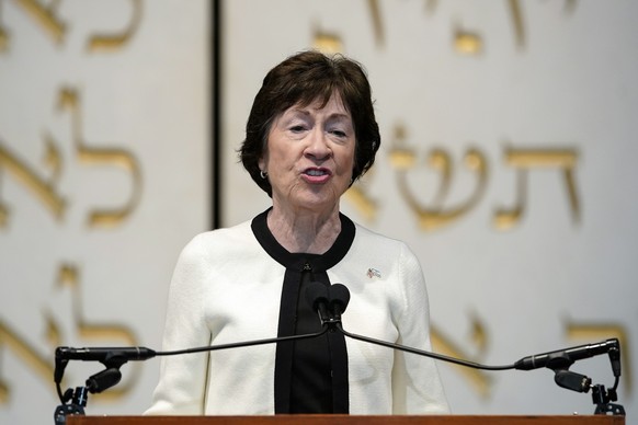 Sen. Susan Collins, R-Maine, speaks during a memorial service for former U.S. Sen. Joseph Lieberman, D-Ct., Wednesday, July 24, 2024, at the Washington Hebrew Congregation, in Washington. ( AP Photo/J ...