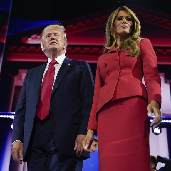 Republican presidential candidate former President Donald Trump, stands on stage with Melania Trump after speaking during the Republican National Convention, Thursday, July 18, 2024, in Milwaukee. (AP ...