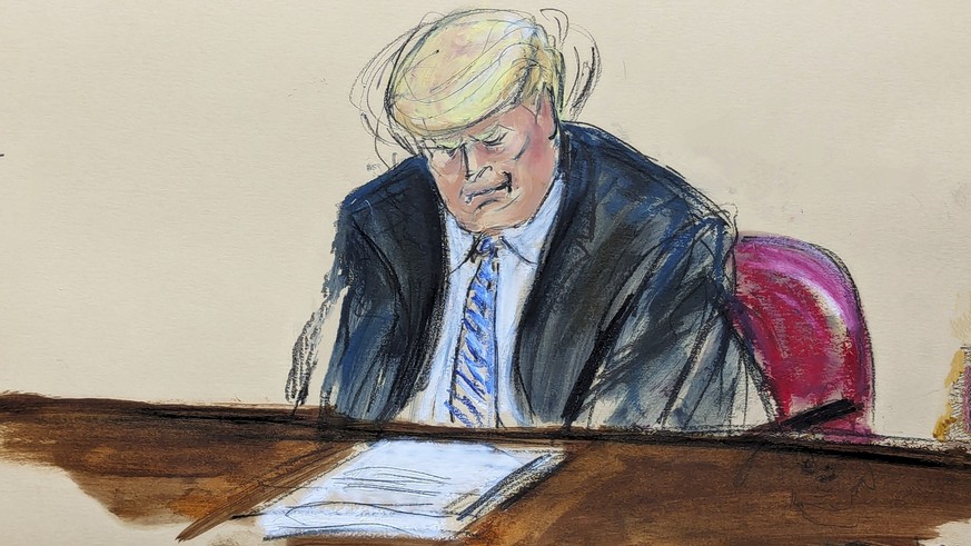 HANDOUT - 13.05.2024, USA, New York: Diese Gerichtszeichnung zeigt, wie der ehemalige US-Präsident Donald Trump auf eine Aussage von Michael Cohen zu der Geschichte mit Stormy Daniels reagiert. Foto:  ...