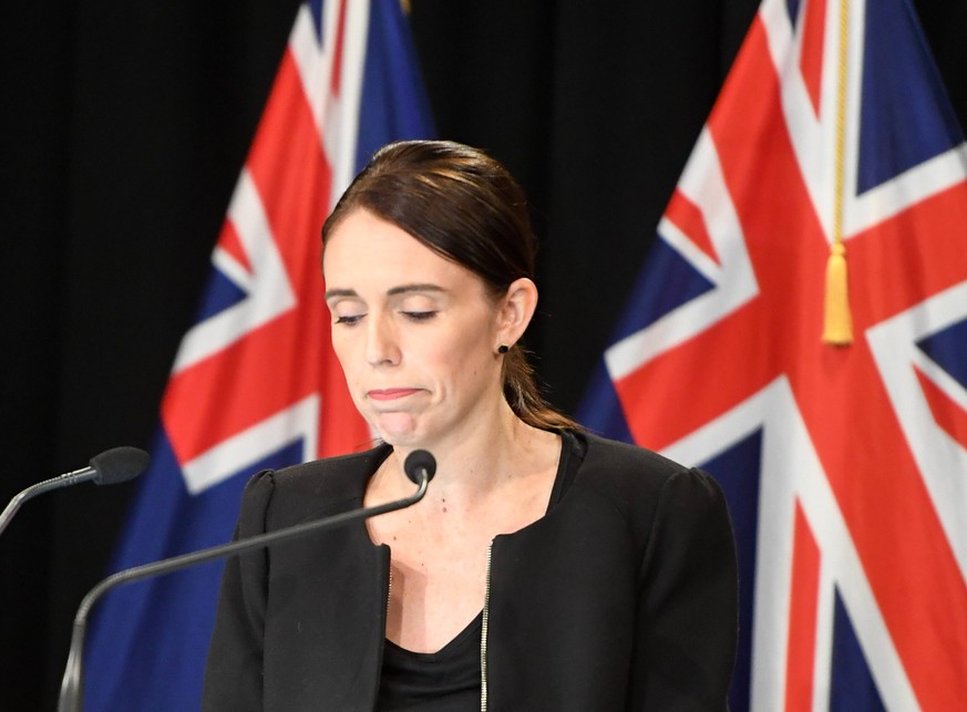 (190316) -- WELLINGTON, March 16, 2019 (Xinhua) -- New Zealand Prime Minister Jacinda Ardern reacts during a briefing in Wellington, capital of New Zealand, on March 16, 2019. Jacinda Ardern reiterate ...