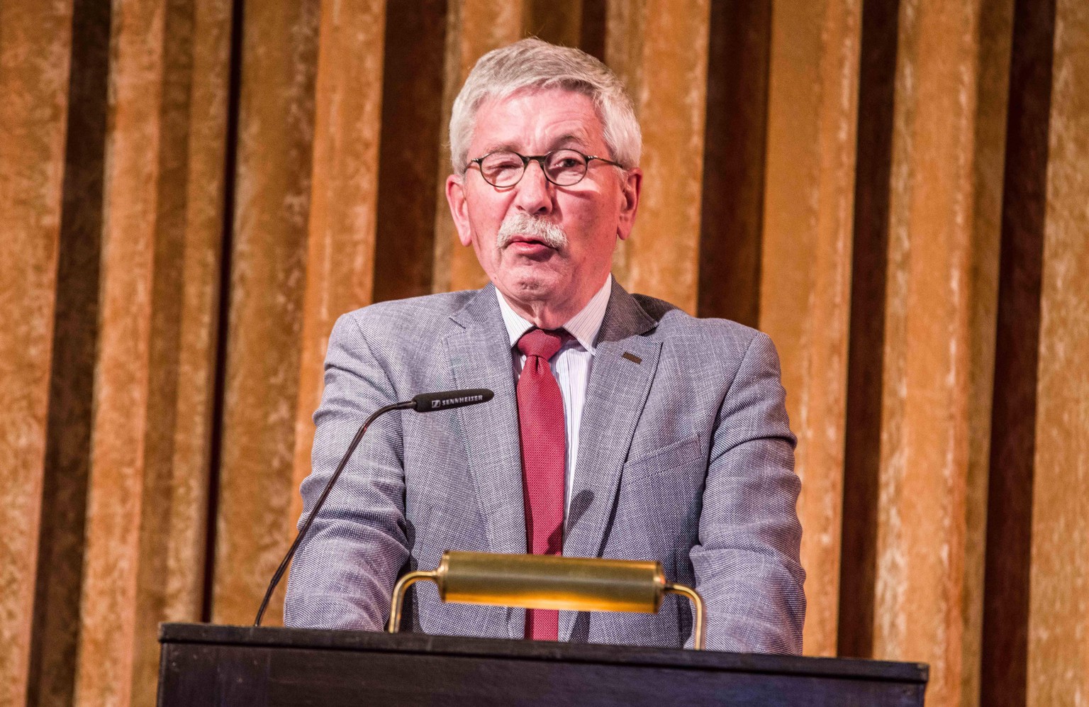 April 3, 2019 - Munich, Bavaria, Germany - Controversial politician and book author THILO SARRAZIN held a speaking engagement in the Munich Kuenstlerhaus to approximately 100 fans, largely from right- ...