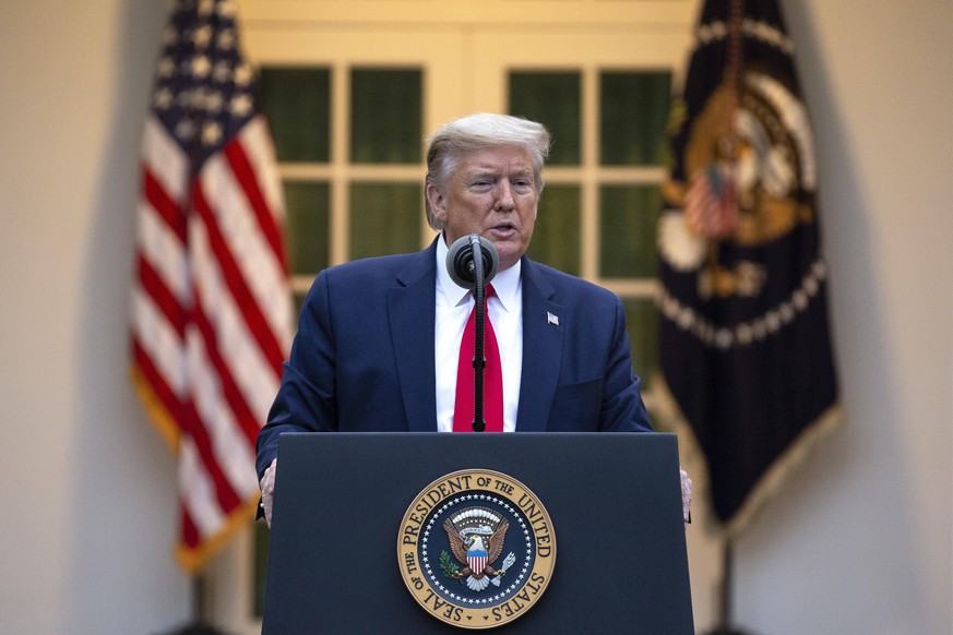 April 14, 2020, Washington, District of Columbia, USA: United States President Donald J. Trump delivers remarks during a news conference in the Rose Garden of the White House in Washington D.C., U.S.  ...