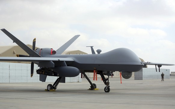 ARCHIV - 23.01.2018, Afghanistan, Kandahar: Eine US-amerikanische MQ-9-Drohne ist während einer Flugschau auf dem Flugplatz Kandahar in Afghanistan zu sehen. Eine unbemannte US-Militärdrohne ist im in ...