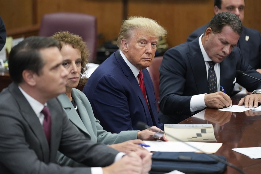 FILE - Former President Donald Trump sits at the defense table with his legal team in a Manhattan court, Tuesday, April 4, 2023, in New York. The judge in Donald Trump&#039;s criminal case is holding  ...