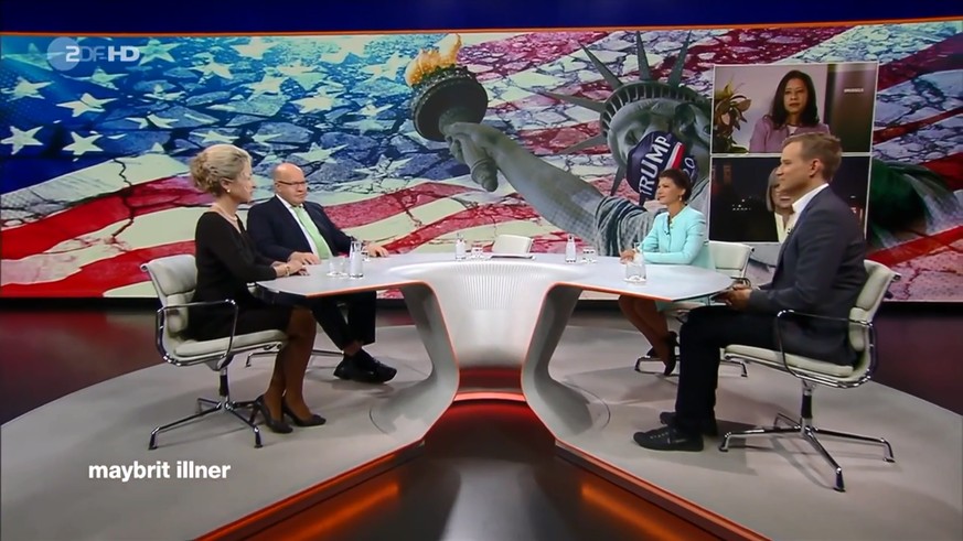 Die Gäste bei "Maybrit Illner" (v.l.n.r.): Sandra Navidi, Peter Altmaier, Sahra Wagenknecht, Sudha David-Wilp, Monika Schnitzer und Hendrik Streeck.