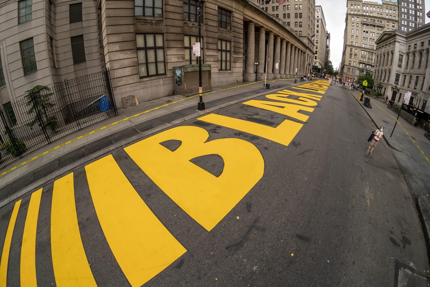 The massive ÄúBlack Lives MatterÄù mural painted on Joralemon Street in fron of BrooklynÄôs Borough Hall in New York on Saturday, June 27, 2020. The city has promised to paint one of these murals o ...