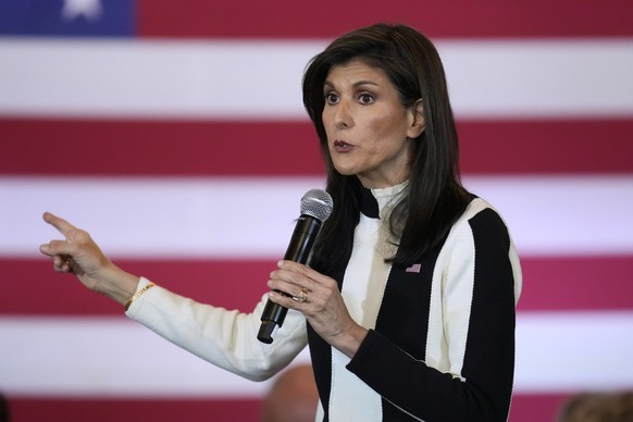 Republican presidential candidate former UN Ambassador Nikki Haley speaks at a campaign event, Sunday, Jan. 14, 2024 in Adel, Iowa. (AP Photo/Abbie Parr)