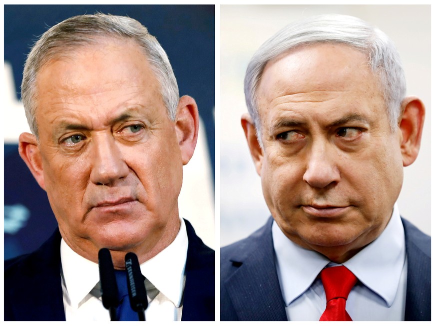 FILE PHOTO: A combination picture shows Benny Gantz, leader of Blue and White party, in Tel Aviv, Israel, November 23, 2019 and Israeli Prime Minister Benjamin Netanyahu in Kiryat Malachi, Israel Marc ...