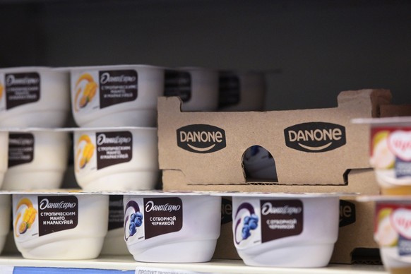 Russia Economy Sanctions 8409074 10.04.2023 Products produced by Danone are on sale at a supermarket, in Moscow, Russia. French food company Danone plans to stop using few of its international brands  ...