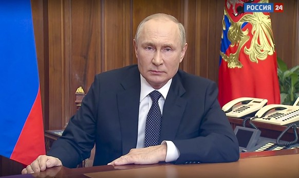 In this image made from a video released by the Russian Presidential Press Service, Russian President Vladimir Putin addresses the nation in Moscow, Russia, Wednesday, Sept. 21, 2022. (Russian Preside ...