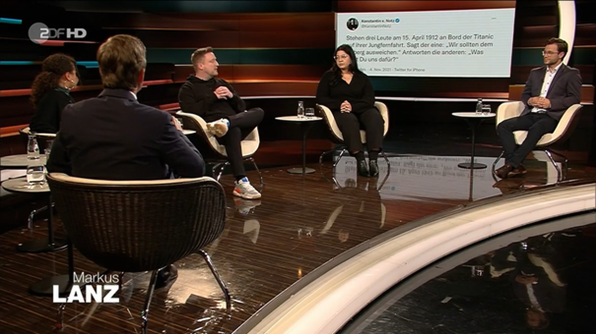 Die Gäste bei "Markus Lanz": Sarah-Lee Heinrich, Jens Teutrine, Yasmine M‘Barek und Vincent Stamer.