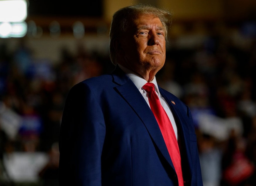 ERIE, PENNSYLVANIA - JULY 29: Former U.S. President Donald Trump enters Erie Insurance Arena for a political rally while campaigning for the GOP nomination in the 2024 election on July 29, 2023 in Eri ...