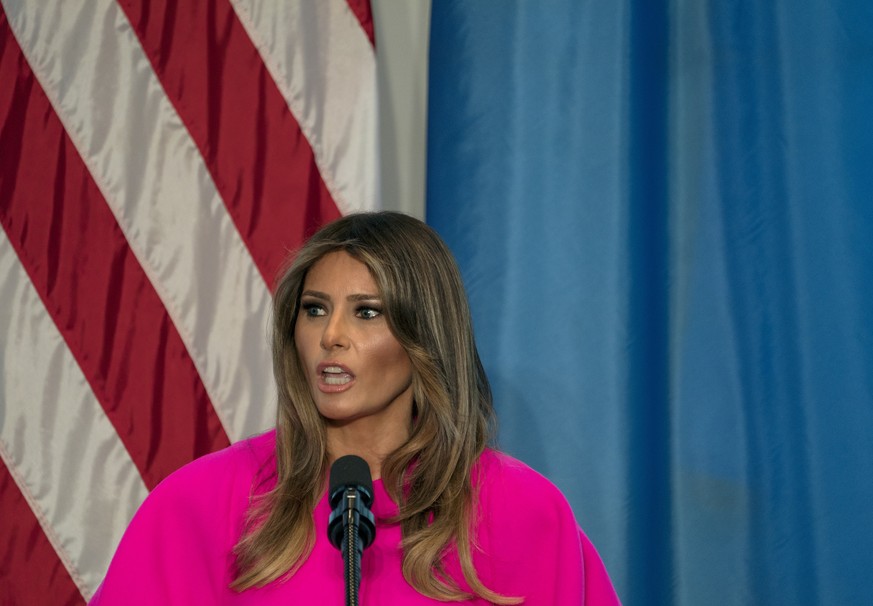 FILE - In this Sept. 20, 2017, file photo, first lady Melania Trump addresses a luncheon at the U.S. Mission to the United Nations in New York. Trump &quot;hates&quot; to see families separated at the ...