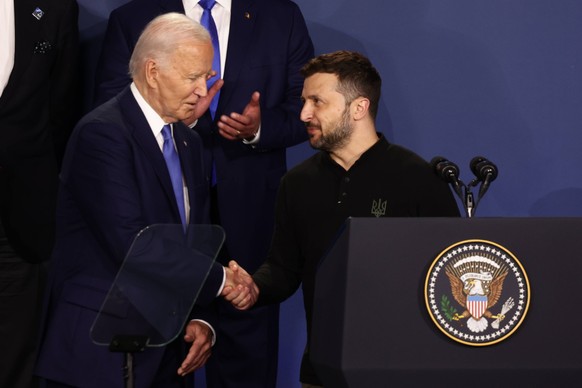 NATO Summit In Washington DC Final Day President of United States Joe Biden and President of Ukraine Volodymyr Zelensky at the Ukraine Compact during the final day of the NATO Summit in Washington DC, ...