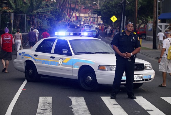 Polizeiwagen, Polizeisperre, Kailua Kona, Hawaii, USA, Nordamerika | Verwendung weltweit, Keine Weitergabe an Wiederverkäufer.