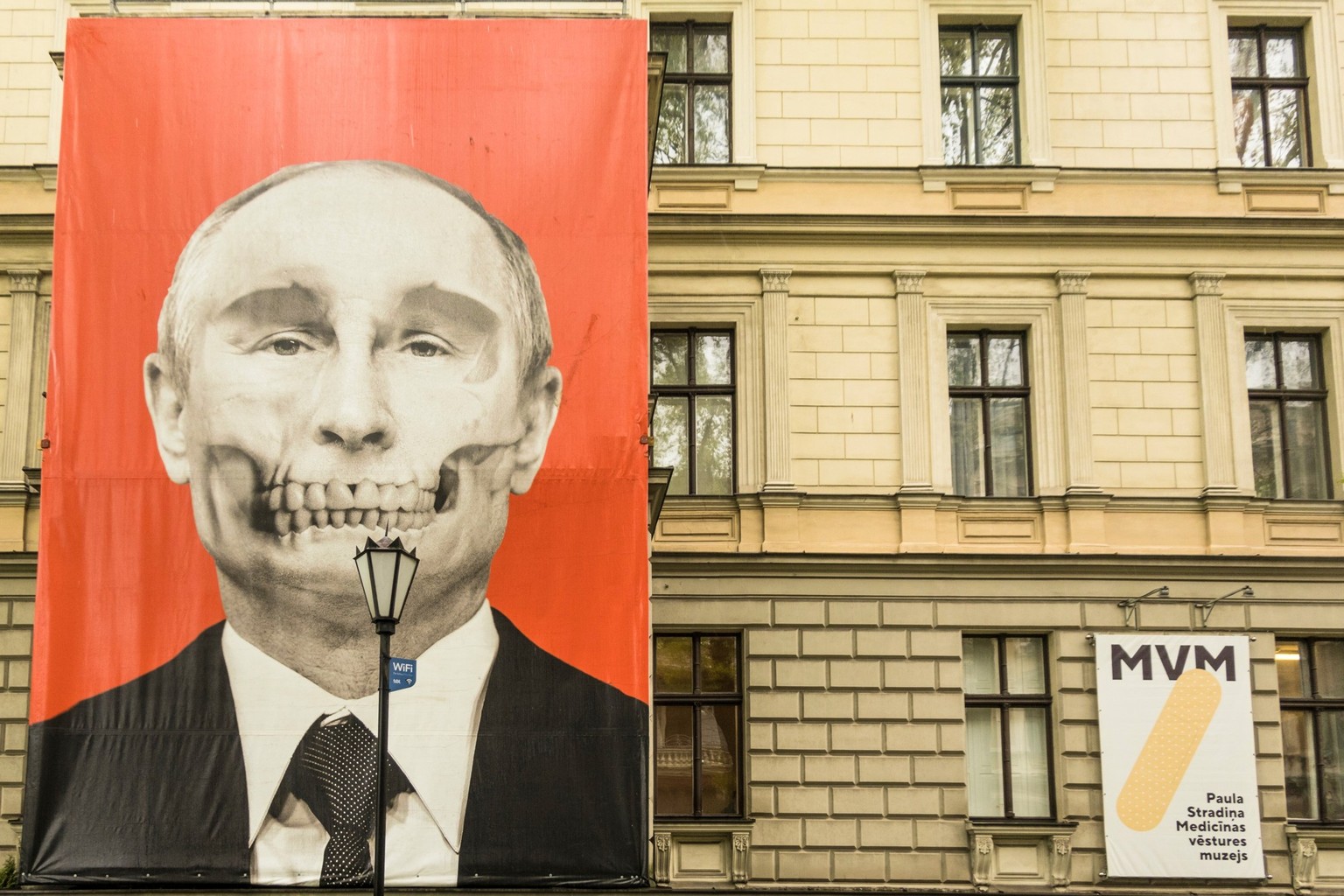 Riga, Latvia, A caricature of Vladimir Putin across from the Russian embassy in Riga.