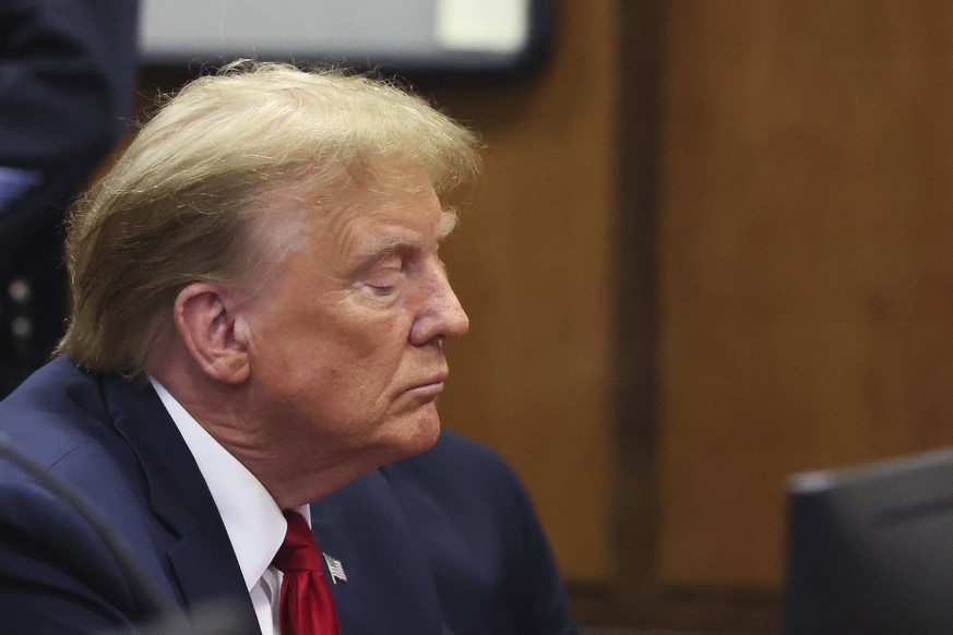 Former U.S. President Donald Trump appears during a court hearing on charges of falsifying business records to cover up a hush money payment to a porn star before the 2016 election, in New York State  ...