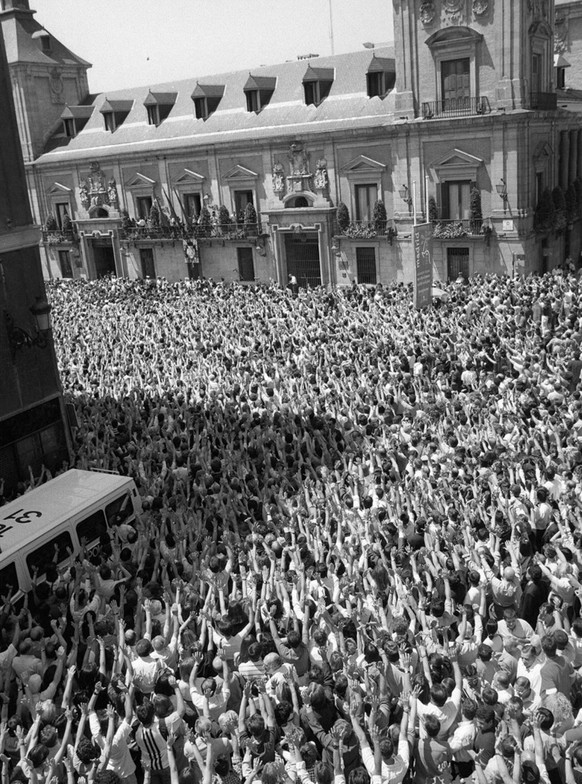 Thousands of people gather in front of Madrid&#039;s city hall 11 July to protest against the kidnapping of Miguel Angel Blanco Garrido, 28, a municipal councillor for Spain&#039;s governing conservat ...