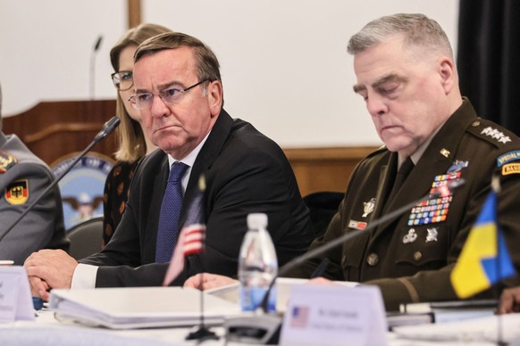 German Defence Minister Boris Pistorius and U.S. Chairman of the Joint Chiefs of Staff Gen. Mark A. Milley attend a meeting with ministers of defence to discuss how to help Ukraine defend itself, at R ...