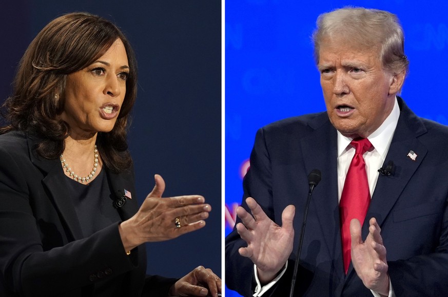 Democratic vice presidential candidate Sen. Kamala Harris, D-Calif., speaks during a debate, Oct. 7, 2020, in Salt Lake City, left, and Republican presidential candidate former President Donald Trump  ...