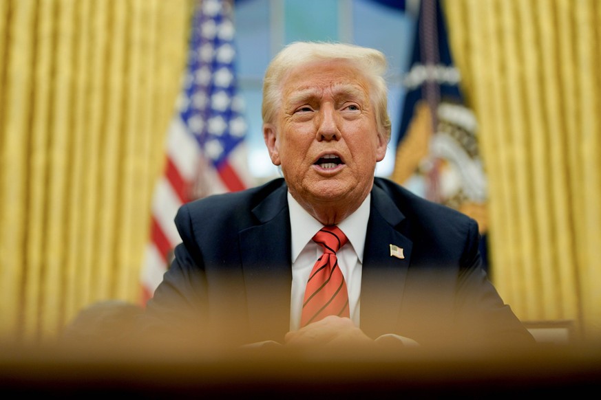 President trump speaks during an executive order signing in the Oval Office of the White House in Washington, DC, US, on Monday, Feb. 10, 2025. Trump plans to impose 25% tariffs on all US imports of s ...