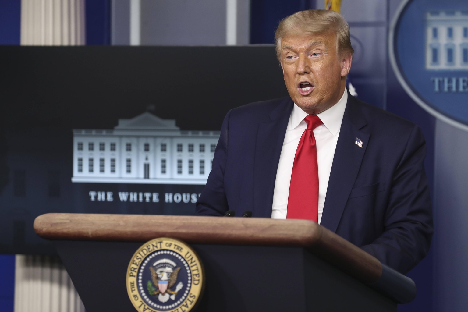 United States President Donald J. Trump holds a press briefing in the Brady Press Briefing Room of the White House on July 28, 2020 in Washington, DC. PUBLICATIONxNOTxINxUSA Copyright: xOliverxContrer ...