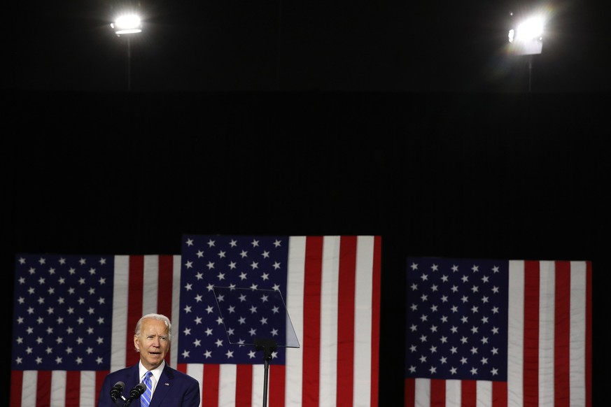 WILMINGTON, DELAWARE - JULY 14: Democratic presidential candidate former Vice President Joe Biden speaks at the Chase Center July 14, 2020 in Wilmington, Delaware. Biden delivered remarks on his campa ...