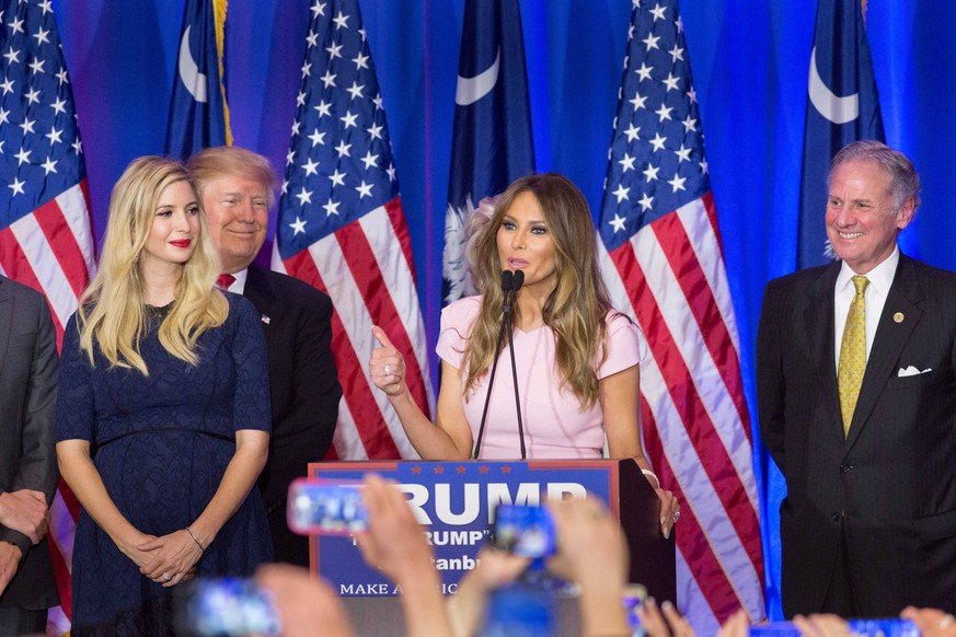 Feb. 20, 2016 - Spartanburg, South Carolina, United States of America - Melania Trump, wife of billionaire and GOP presidential candidate Donald Trump address supporters during victory celebrations fo ...