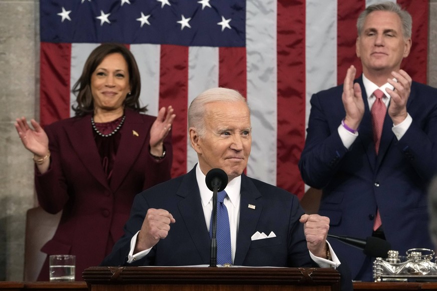February 7, 2023, Washington, District of Columbia, USA: President Joe Biden delivers the State of the Union address to a joint session of Congress at the U.S. Capitol, Tuesday, Feb. 7, 2023, in Washi ...