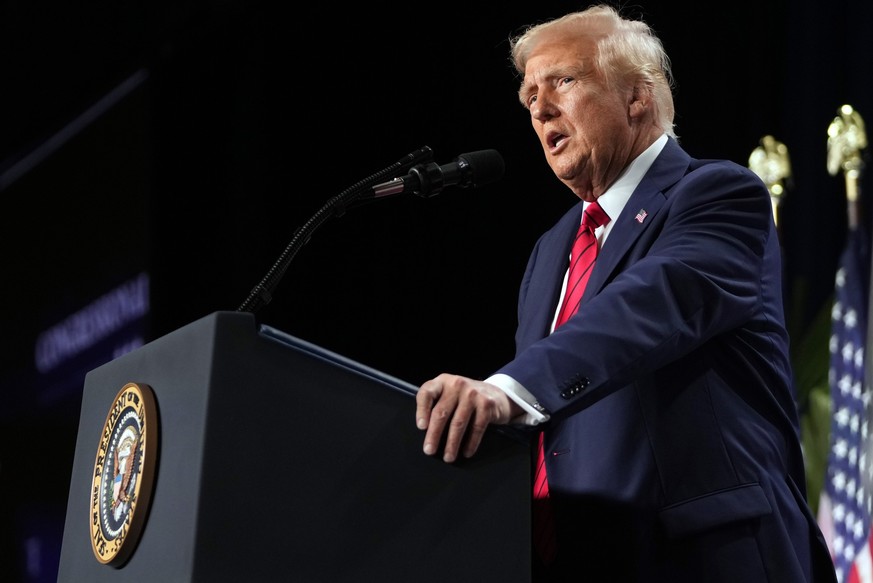 FILE - President Donald Trump speaks at the 2025 House Republican Members Conference Dinner at Trump National Doral Miami in Doral, Fla., Jan. 27, 2025. (AP Photo/Mark Schiefelbein, File)