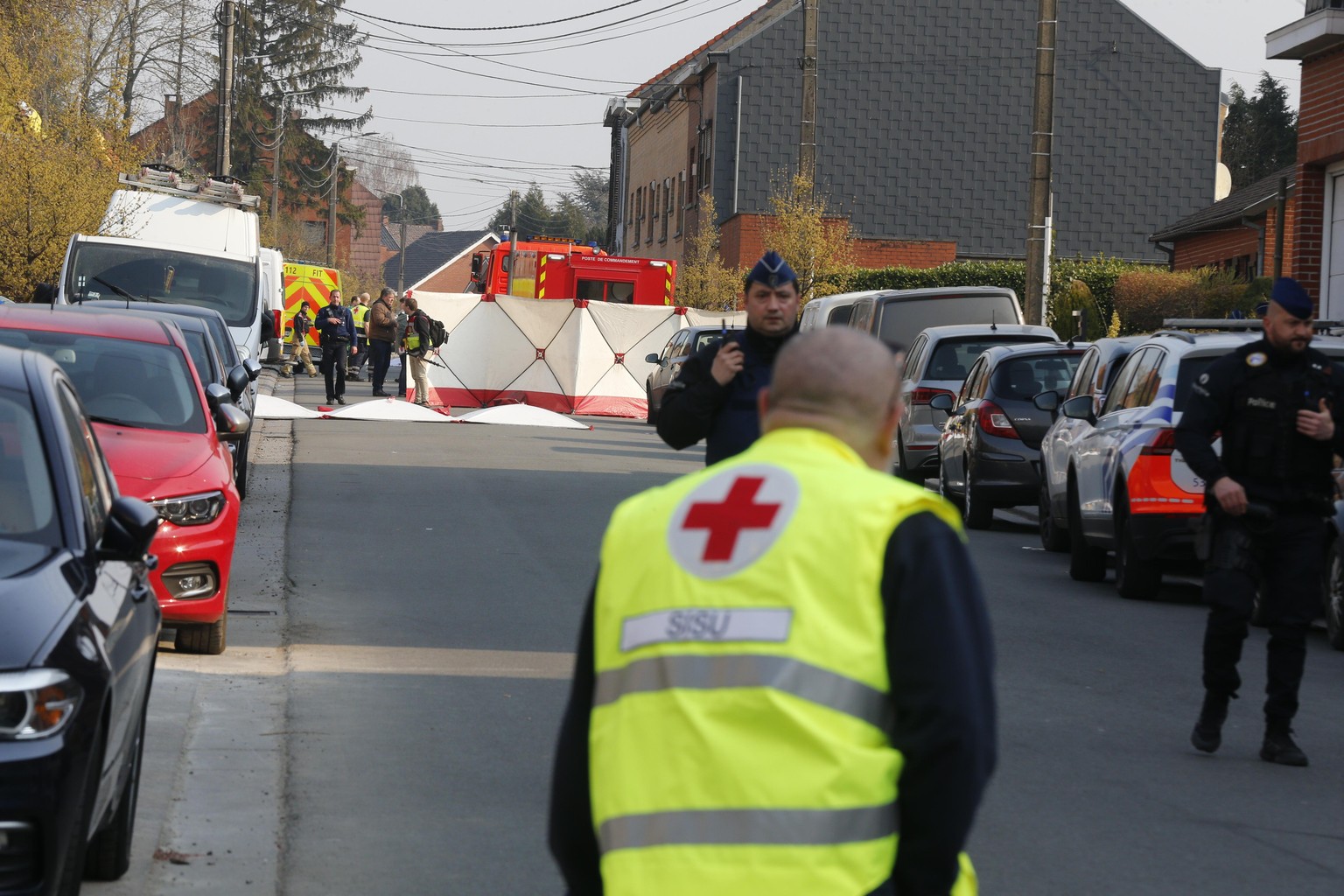 Illustration picture shows the site where a car ran into a group of carnivalists in Strepy-Bracquegnies, near La Louviere (Hainaut), Sunday 20 March 2022. Four people were killed as a result. Twelve p ...