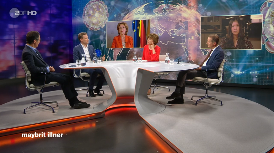 Die Runde bei Maybrit Illner: Cem Özdemir, Virologe Hendrik Streeck, Malu Dreyer, Illner, VW-Chef Herbert Diess und Mai Thi Nguyen-Kim (v.l.)