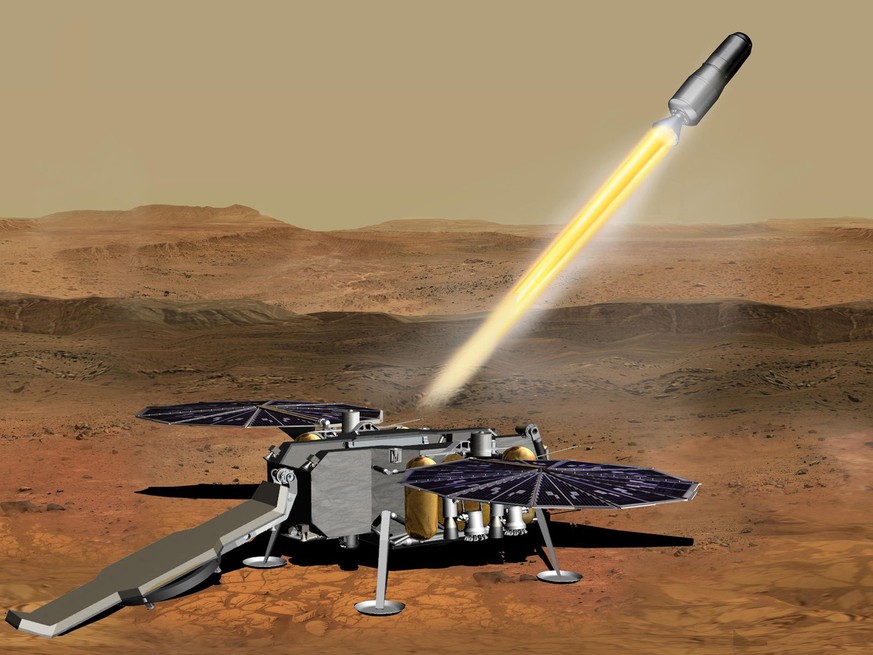 HANDOUT - 10.11.2020, ---, -: Eine undatierte grafische Darstellung zeigt, wie Kapseln mit Proben von der Oberfläche des Mars aus von einem Nasa-Roboter in die Umlaufbahn des Mars befördert werden kön ...