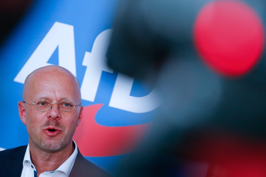 Regional leader Andreas Kalbitz, who was expelled of the Party by the Alternative for Germany AfD federal executive, gives a news conference after a meeting of the Brandenburg AfD state parliament fac ...