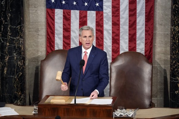House Speaker Kevin McCarthy of Calif., speaks after President Joe Biden delivered the State of the Union address to a joint session of Congress at the U.S. Capitol, Tuesday, Feb. 7, 2023, in Washingt ...