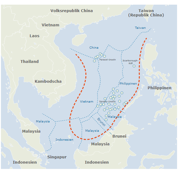 Rot gepunktet ist Chinas gewünschtes Einflussgebiet.
