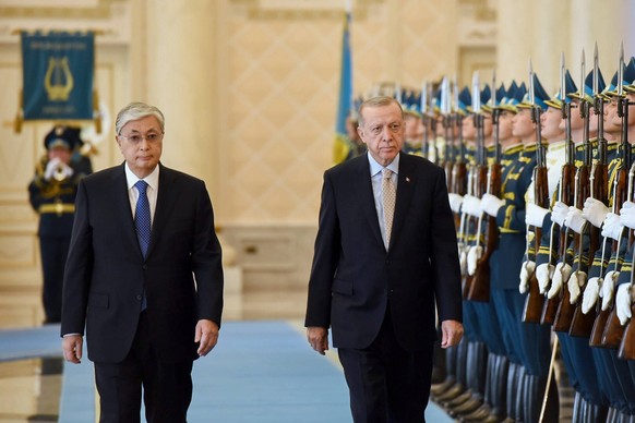 Kazakhstan Turkey 8293722 12.10.2022 Kazakh President Kassym-Jomart Tokayev, left, and Turkish President Recep Tayyip Erdogan attend a meeting in Astana, Kazakhstan. Vladislav Vodnev / Sputnik Astana ...
