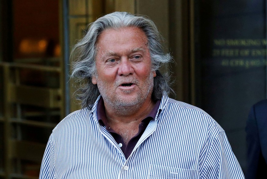 FILE PHOTO: Former White House Chief Strategist Steve Bannon exits the Manhattan Federal Court, following his arraignment hearing for conspiracy to commit wire fraud and conspiracy to commit money lau ...