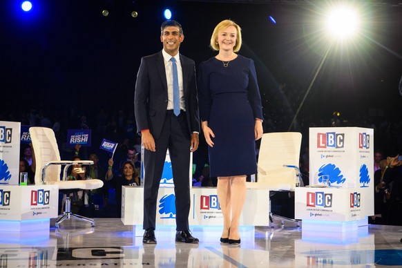 Conservative leadership bid Liz Truss and Rishi Sunak during a hustings event at Wembley Arena, London, as part of her campaign to be leader of the Conservative Party and the next prime minister. Pict ...