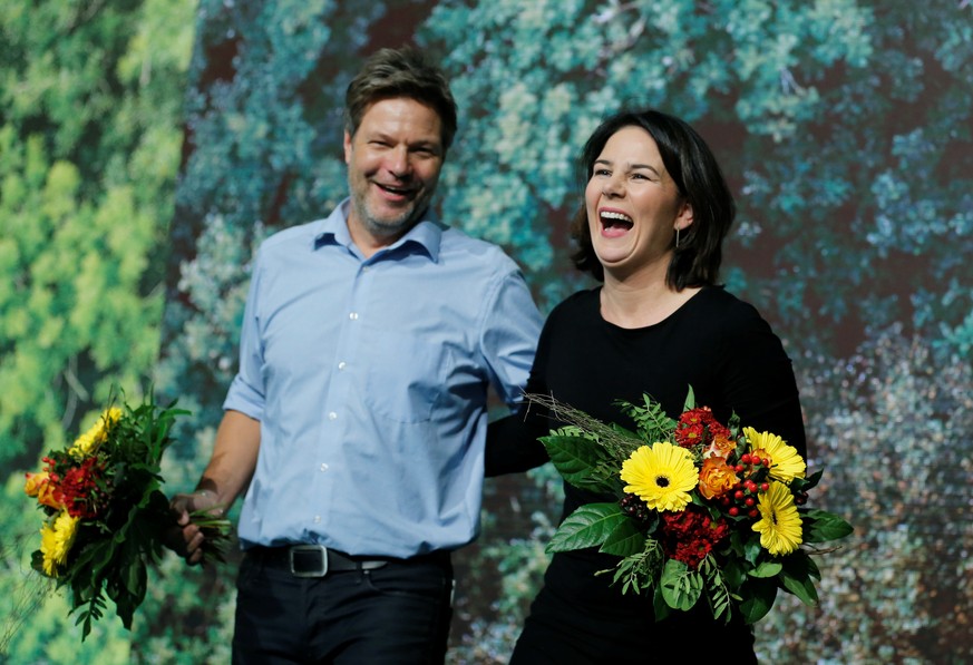 Leaders of Germany&#039;s Green Party Robert Habeck and Annalena Baerbock are seen after being re-elected as party leaders during the delegates&#039; conference in Bielefeld, Germany November 16, 2019 ...