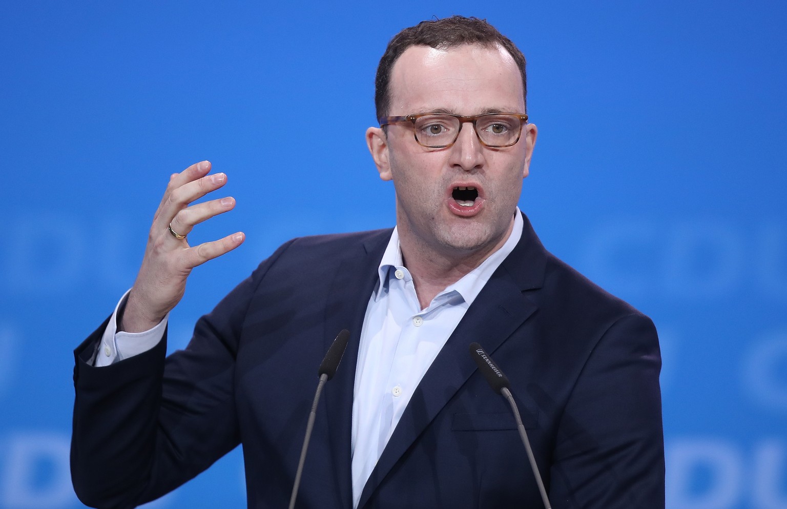BERLIN, GERMANY - FEBRUARY 26: Jens Spahn, who has been an outspoken critic of Chancellor and CDU Chairwoman Angela Merkel and who is slated to become the next German health minister, speaks under a s ...