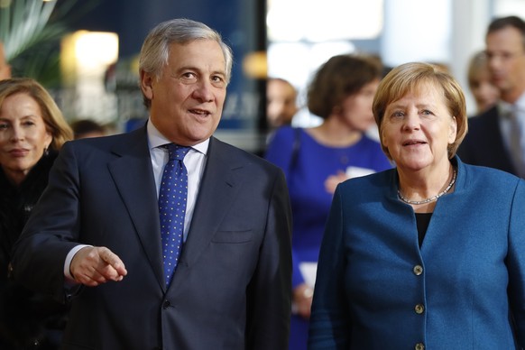 German Chancellor Angela Merkel is welcomed by European Parliament President Antonio Tajani in Strasbourg, eastern France, Tuesday, Nov.13, 2018. Merkel will later Merkel debate the future of Europe w ...