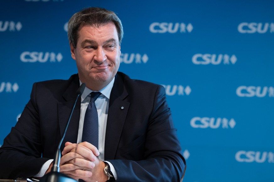 MUNICH, GERMANY - SEPTEMBER 10: Markus Soeder, Bavarian Governor and lead CSU candidate in upcoming Bavarian state elections, speaks to the media following a meeting of the CSU leadership on September ...