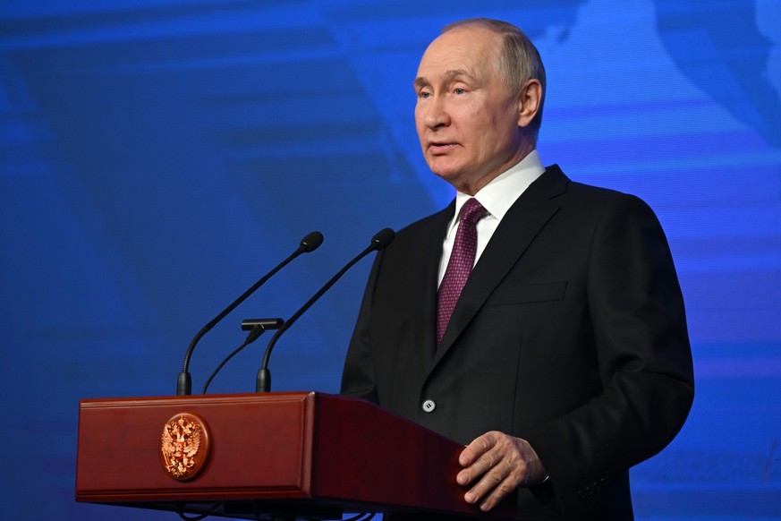 Russian President Vladimir Putin delivers his speech at a meeting with historians and representatives of traditional religions of Russia, marking the 10th anniversary of the re-establishment of the Ru ...
