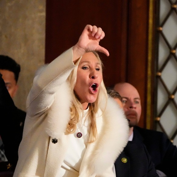 Syndication: USA TODAY Rep. Marjorie Taylor Greene, R-GA, yells in the chambers as President Joe Biden speaks during the State of the Union address from the House chamber of the United States Capitol  ...