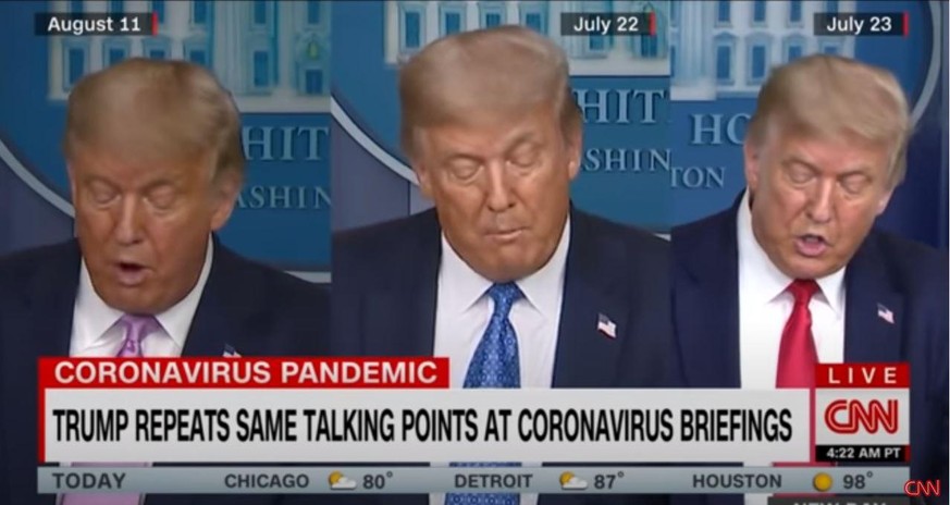 Im Zusammenschnitt von CNN wird deutlich: Der US-Präsident wiederholt sich gern und präsentiert seit Wochen dieselben Neuigkeiten.