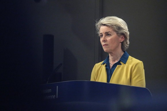 June 17, 2022, Brussels, Brussels Capital Region, Belgium: European Commission President Ursula von der Leyen at a press conference on the EU membership application by Ukraine, Moldova, and Georgia at ...